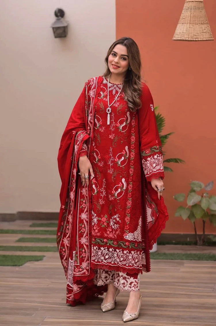 ANEELAS WINE RED LAWN LUXURY 3PC UNTITCHED EMBROIDERED